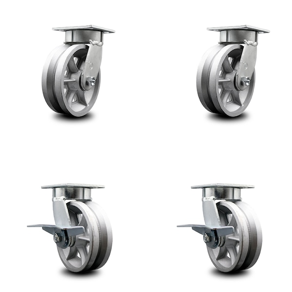Service Caster 6 Inch Kingpinless V Groove Semi Steel Wheel Swivel Caster Set with 2 Brakes SCC SCC-KP30S620-VGR-2-SLB-2 - main